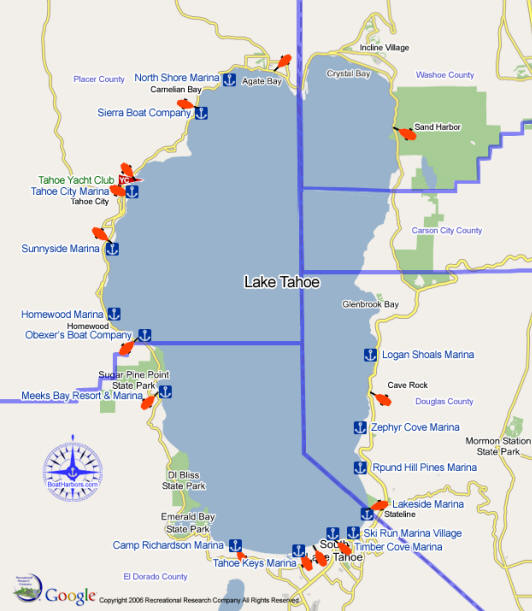Lake Tahoe Boating Map - Marinas, Yacht Club and Boatyards locations